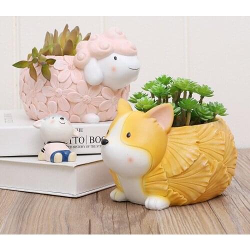 Cartoon Hedgehog Corgi Flower Pot Succulent Pot Cute Animal Resin Vase Ornaments Home Office Garden Bonsai Decoration