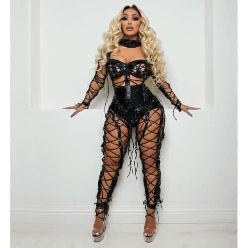 Sexy Bandage Jumpsuit Performance Costume Outfit Stage Performance Nightclub show Bodysuit Wear