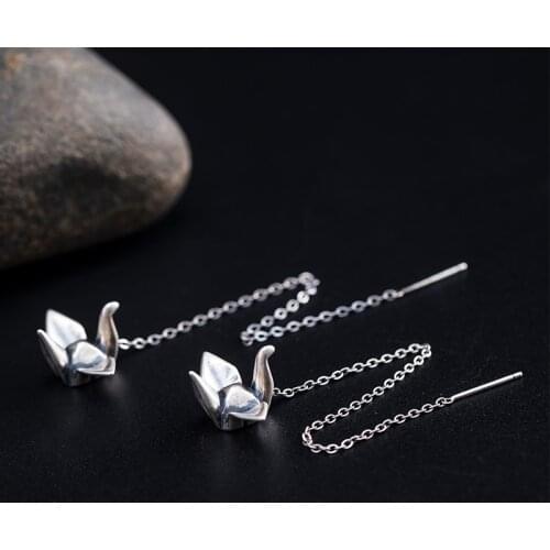 VLA Real 925 Silver Chinese Style Creative Design Paper Crane Earrings Womens Origami Artistic Temperament Elegant Earrings