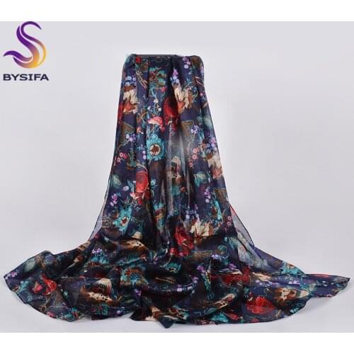 [BYSIFA] Winter Women Warm Silk Scarf Shawl Hijab Fashion Luxury 100% Silk Long Scarves Spring Autumn Chinese Roses Scarves Cape