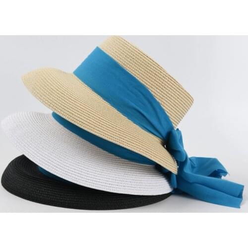 Elegant Casual Womens Summer Hat Blue Bow Ribbon Sun Protection Cap Female Flat Top Wide Brim Hat Beach Hat Straw Hat Sun Hats