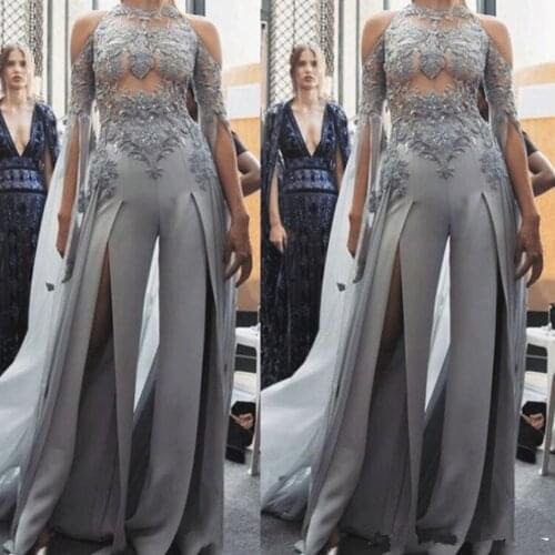 SuperKimJo Silver Jumpsuits for Weddings Lace Applique Elegant Dubai Arabic Style Pants for Evening Dresses Vestidos De Fiesta