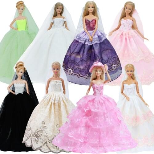 Handmade Fashion Wedding Dress for Barbie Doll Princess Dinner Party Wear Gown + Veil Clothes Outfit Doll Accessories Kids Toy