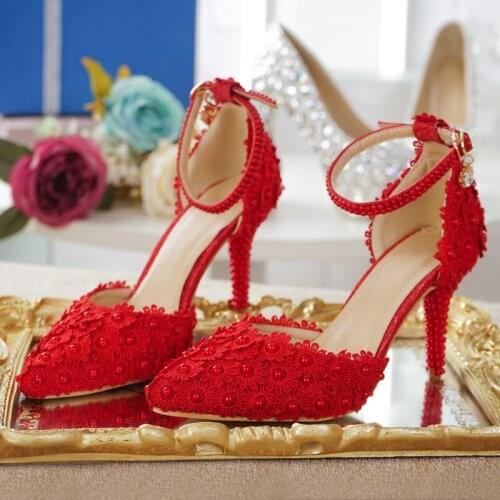 Wedding Sandals Red Color Lace Flowers Pearl Hand Made In China Ankle Strap 6cm Heel Pointed Shoes Girls Birthday Pearls Heels