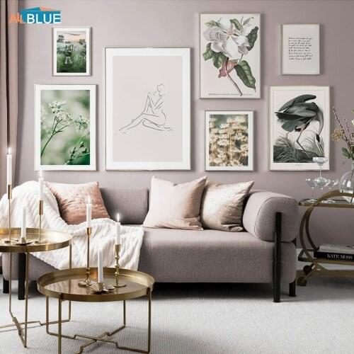 Spring Scenery Green Plant Poster Nordic Wall Art Canvas Print Heron Botanical Nature Landscape Painting Home Decoration Picture