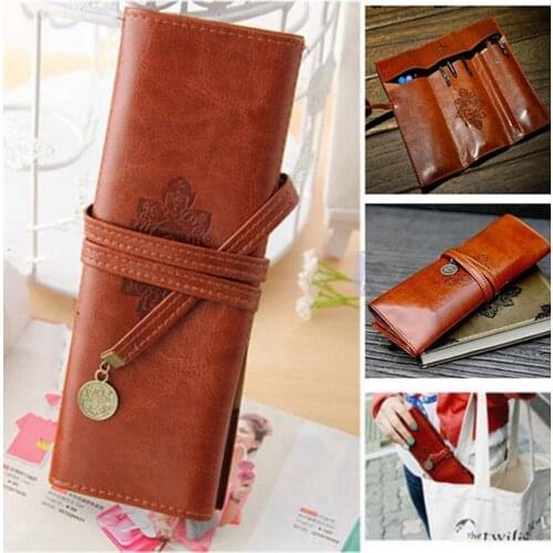 Retro Vintage PU Leather Makeup Cosmetic Tool Case Pen Pencil Organizer Pouch Bag