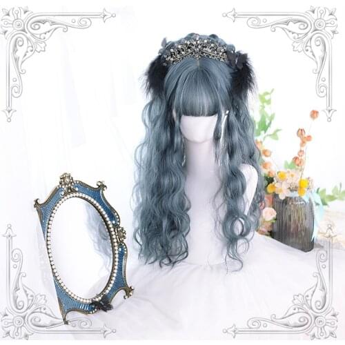 High Quality Multicolor Lolita Fog Indigo Pink Air Bangs Long Curly Hair Wig Cosplay Party