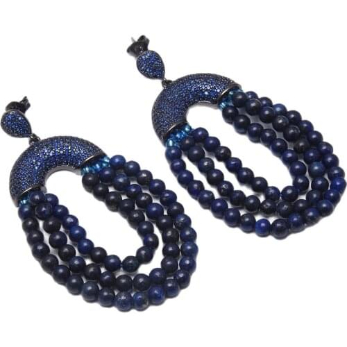 GuaiGuai Jewelry Natural Round Blue Lapis Lazuli Blue CZ Pave Post Stud Earrings Handmade For Women