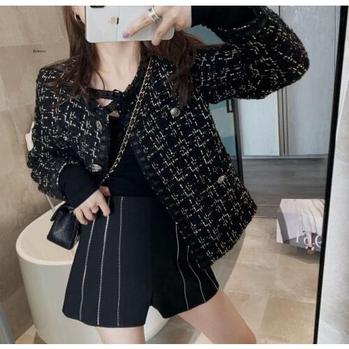 Womens Autumn New Round Neck Black Tweed Jacket Harajuku Kpop Korean Style Designer Woman Clothing Streetwear