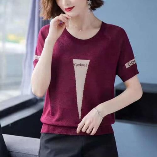 Women Summer Knitted Shirt Tops Short Sleeve O-Neck Female Pull Jumper Ice Silk Knitting Coll Pullovers T-Shirt Pull Tops Femme