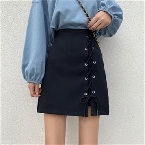Womens Tie Skirt 2021 Summer High Waist Solid A-LINE Lace-up Casual Fashion Thin Preppy Style Korea Mini Suits with Skirt Y2k