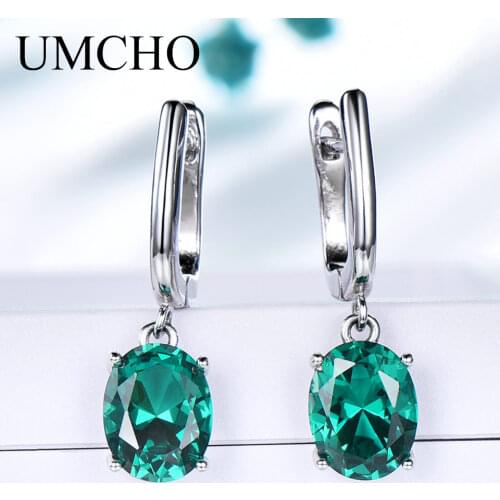 UMCHO Emerald Gemstone Long Clip Earrings for Women Genuine 925 Sterling Silver Korea Earrings Fashion Wedding Fine Jewelry Gift