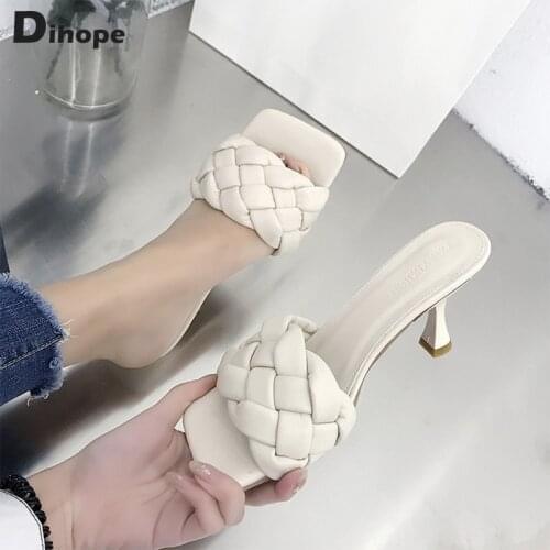 Dihope Braided Design Women Slippers Luxury Thin High Heel Sandals Weave Open Toe Mule Pumps Summer Outdoor Slides Dropshipping