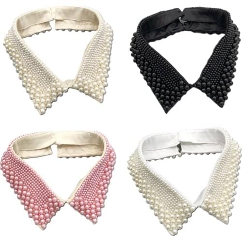 Women Retro Handmade Beading Faux Pearls Layers Bib Lapel Fake Collar Jewelry Detachable Necklace Choker Cloth Accessory