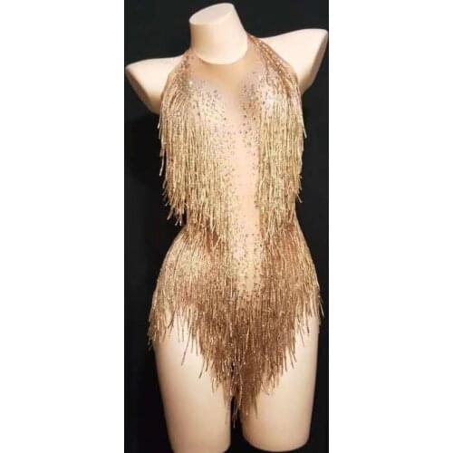 Flashing Gold Rhinestones Tassel Spandex Bodysuit Womens Birthday Party Evening Costume Stage Outfit Nightclub Dance Show Wear