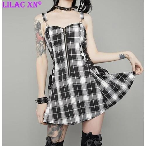 Harajuku Waistband Plaid Mini Dresses for Women Sexy Goth Academic A Line Party Dresses Vintage High Waist Summer Dress 2021