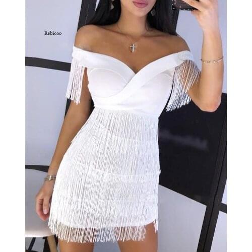 White Fringe Celebrity Evening Runway Party Dress Women Sexy Tassels Short Sleeve Club Dress Vestidos