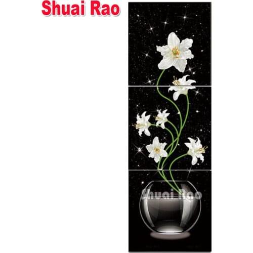3 Panel white Lily Flower blossom Full Square Diamond Painting mosaic Wall Art embroidery diamond pictures living room