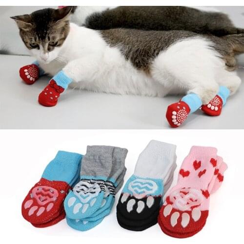 4pcs Cute Puppy Dog Shoes Anti-Slip Knit Socks Small Dogs Cat Shoes Chihuahua Boots For Winter Indoor Wear Slip On Paw Protector