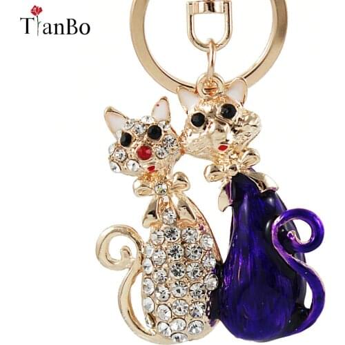 Lucky Lovers Cat Crystal Rhinestone Keyrings Key Chains Holder Purse Bag For Car christmas Gift Keychains Jewelry llaveros