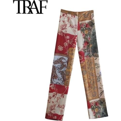 TRAF Women Chic Fashion Patchwork Print Wide-leg Pants Vintage High Waist Waist Side Pockets Female Trousers Mujer