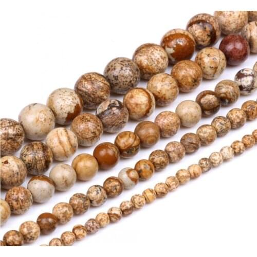 Brown Round Picture Natural Stone Beads 4 6 8 10 mm Strand 15"/Diy For Jewelry Making Free shipping