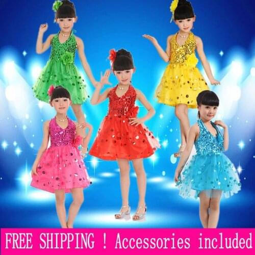 Childrens Day Kids Dancewear modern girls' performance clothing Childrens stage wear sequined Halter Dress for 3T-11Y