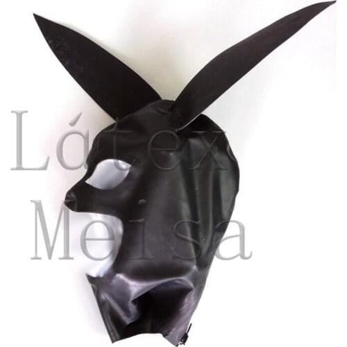 Animal rabbit design fetish latex hood with open eyes and mouth in solid black color