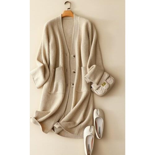 Long Cardigans Women 100% Cashmere Single Breasted Pockets Vintage V-Neck Womens Sweaters Warm New 2020 Cute Cardigan