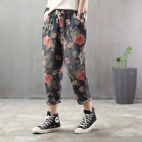 Summer Jeans Women Retro Loose Denim Pants 2019 New Female Elastic Waist bowtie pocket Print flower Vintage Denim Trousers