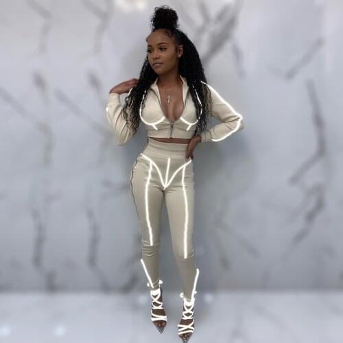 Glowing Gymwear Pants Set Women Quality Hot Fashion 2019 Luminous Long Sleeve Jacket Sweat 2 Piece Set