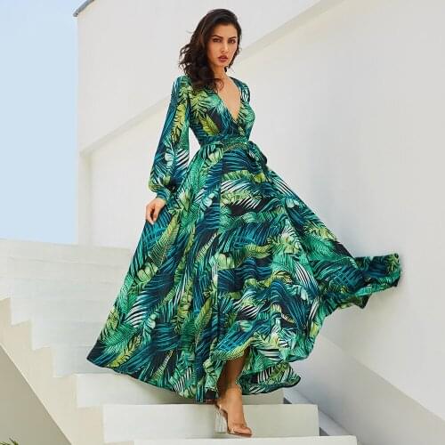 Summer Green Leaf Print Long Dress Sexy V Neck Belt Lace Up Plus Size Dress Women Long Sleeve Boho Beach Robe Dresses Vestidos