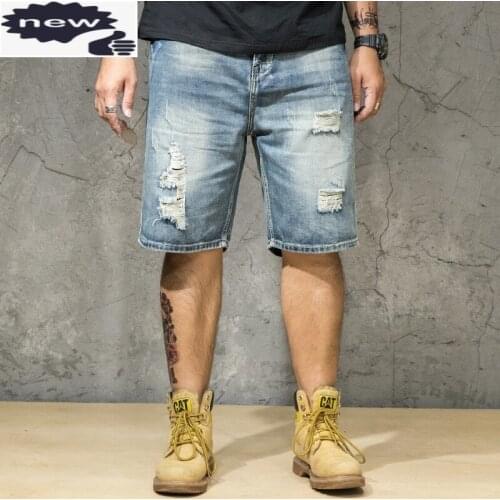 Summer Mens Hole Ripped Denim Plus Size 46 Casual Cowboy Jeans Hip Hop Loose Thin Cargo Shorts Streetwear Knee Length