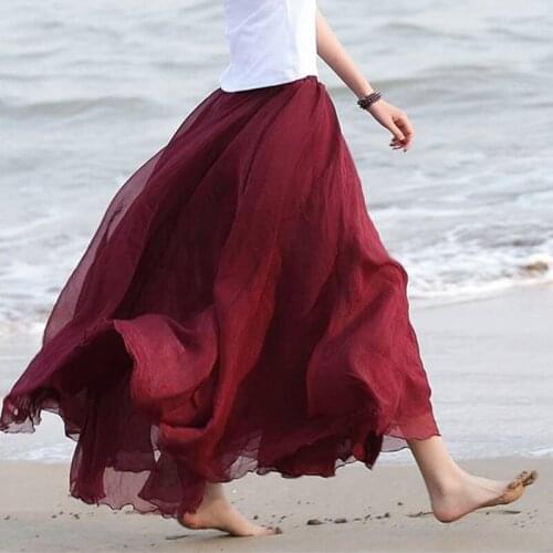 Summer Casual Skirts HOT Women Summer Boho Double Layer Chiffon Long Maxi Skirts Casual Elastic High Waist Pleated Skirts