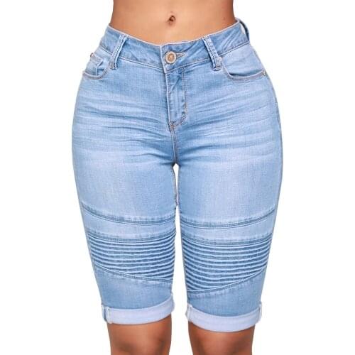 Summer Womens Knee Length Shorts 2021 Fashion Pleated Skinny High Waist Denim Shorts Ladies Vintage Stretch Black Short Jeans