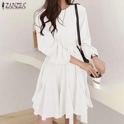 Fashion Spring Solid Mini Dress 2021 ZANZEA Women Puff Sleeve Sundress Casual Vestidos Female O Neck Hollow Robe Femme Oversize