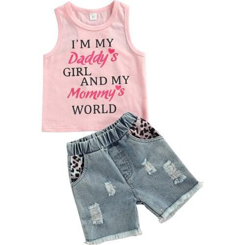 New 2 Pcs Infant Casual Outfits, Baby Girl Letter Print Round Neck Tank Top + Leopard Ripped Jeans with Pocket