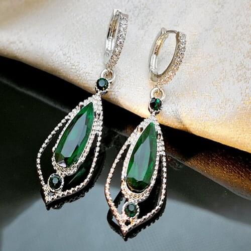 Hollow Layer Green Stone Crystal Zircon Paved Dangle Earrings Statement Silver Color Tone Art Deco Bridal Tear Drop Jewelry