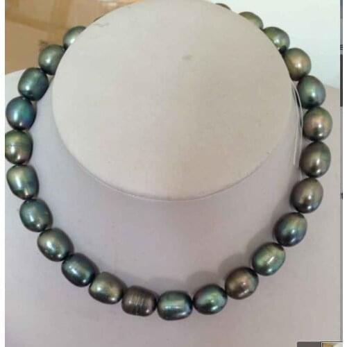 Stunning 10-11mm tahitian black green baroque pearl necklace 18inch 925silver gold
