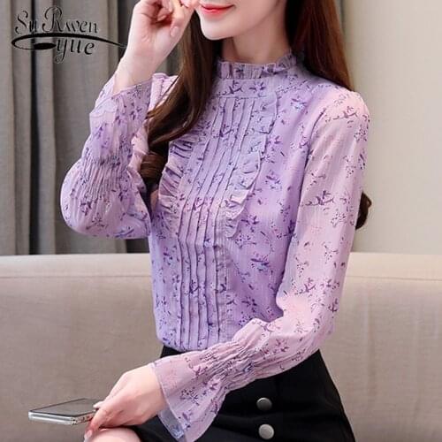 2021 Fashion Spring Fancy Long Sleeve Floral Chiffon Women Blouses Casual Flare Sleeve Print Elegant Ladies Shirt Female 8219 50