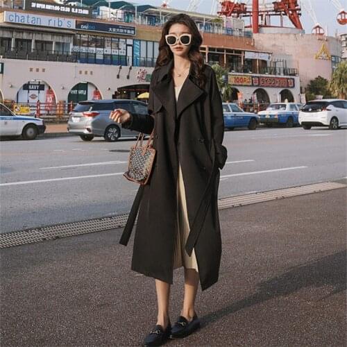 Womens Windbreaker Spring Autumn New British Fashion Pure Color High-quality Double-breasted Lace-up Commuter Feminine Coat 107