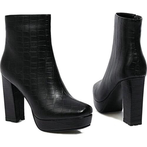 Platform Women Boots Faux Leather Square High Heel Ankle Boots Zipper Boots Autumn Winter Ladies Shoes Black Brown