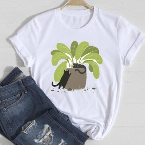 T-shirts Women Cat Plant Cartoon 90s Printing Fashion Spring Summer Clothes Graphic Tshirt Top Lady Print Female Tee T-Shirt