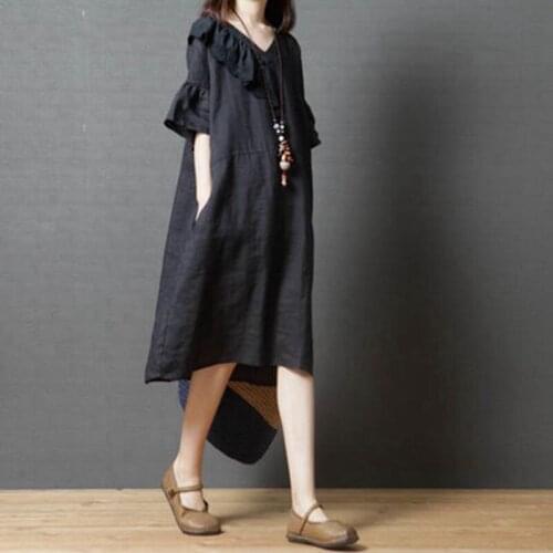 Women Summer Dresses Ruffles V Neck Short Sleeve Solid Casual Loose Cotton Retro Dress For Pregnant Woman Clothes Vestidos f1094