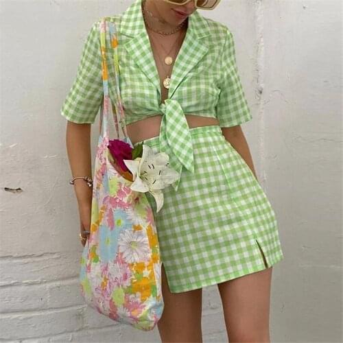 E Grils Women Green Plaid Y2K Summer Skirt Set 2021 Short Sleeve Tops And Mini High Waisted Skirt Dres Two Piece Set