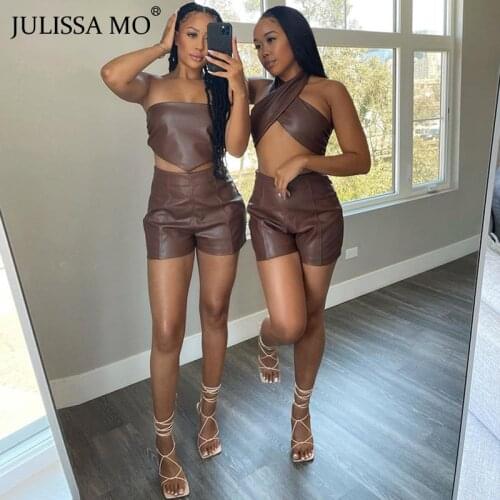 JULISSA MO New PU Leather Two piece Sets 2021 Autumn Women Cross Halter Crop Tops Shorts Casual Suit Femme Sexy Streetwear Suit