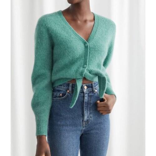 Women Sweater Short Sweater Alpaca Lake Green Lace-up Knotted Casual Cardigan