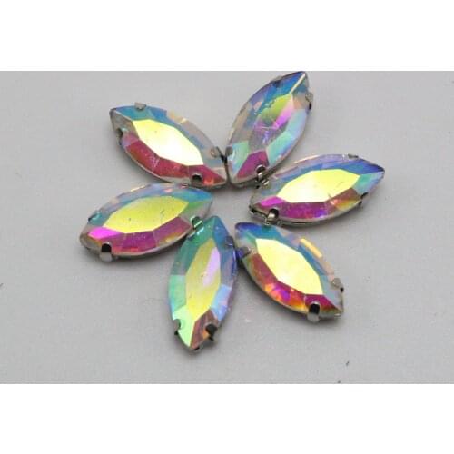 20 Clear AB Crystal Glass Horse Eye Rose Montees 7X15mm Sew on Rhinestones Beads