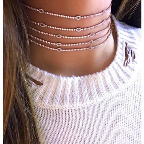 2021 Fashion Delicate Cz Station Lucky Turkish Evil Eye Charm Dainty Choker Collarbone Adorable Women Girl Tennis Chain Necklace