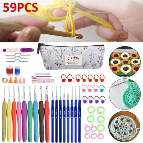 59pcs Crochet Hook Set Aluminum Sewing Needles TPR Handle Sewing Ergonomic Grip Yarn Weave Knitting Needles With Storage Bag